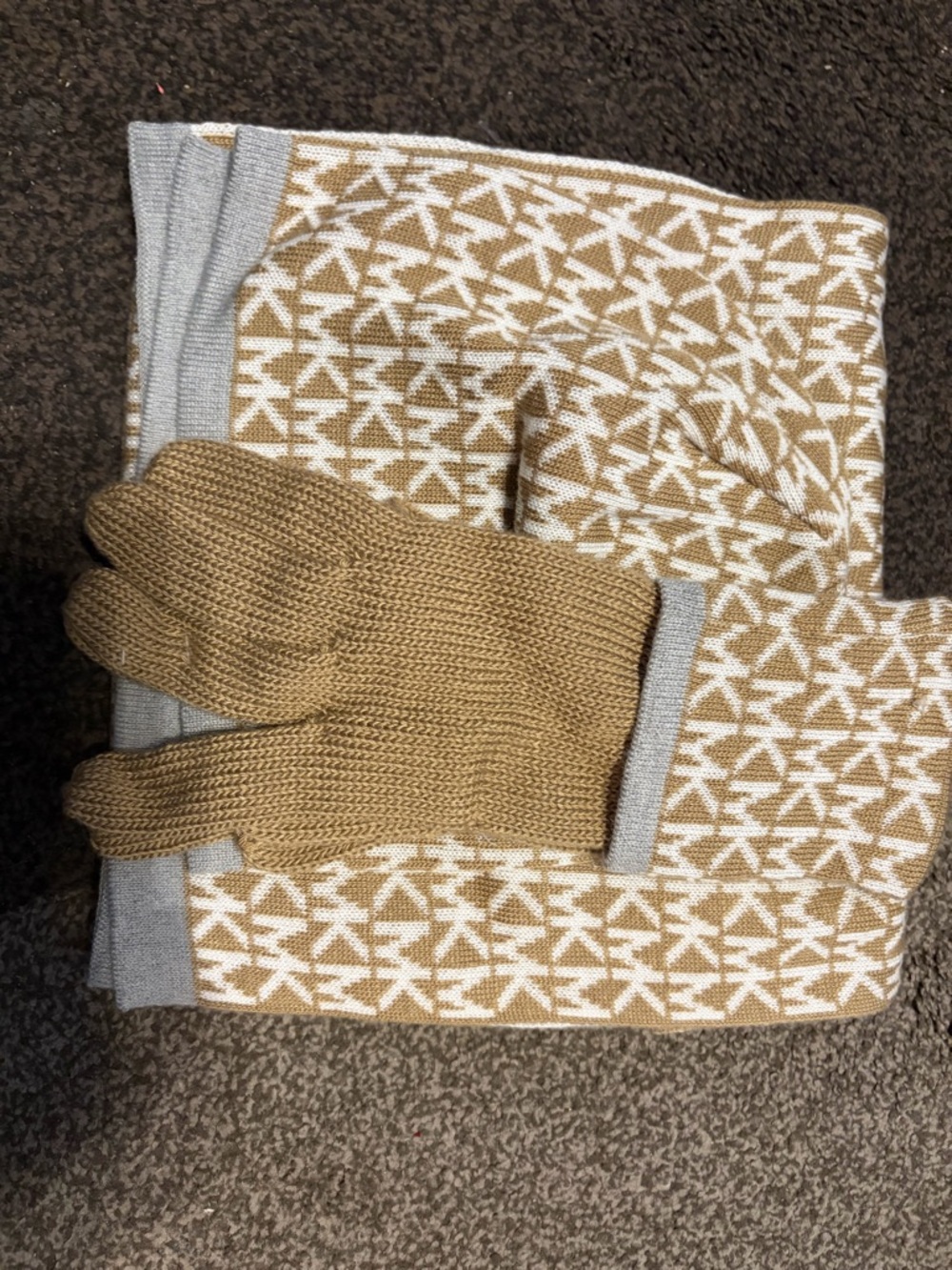Patterned Knit Scarf and Matching Gloves - Tan & Cream with Gray Trim